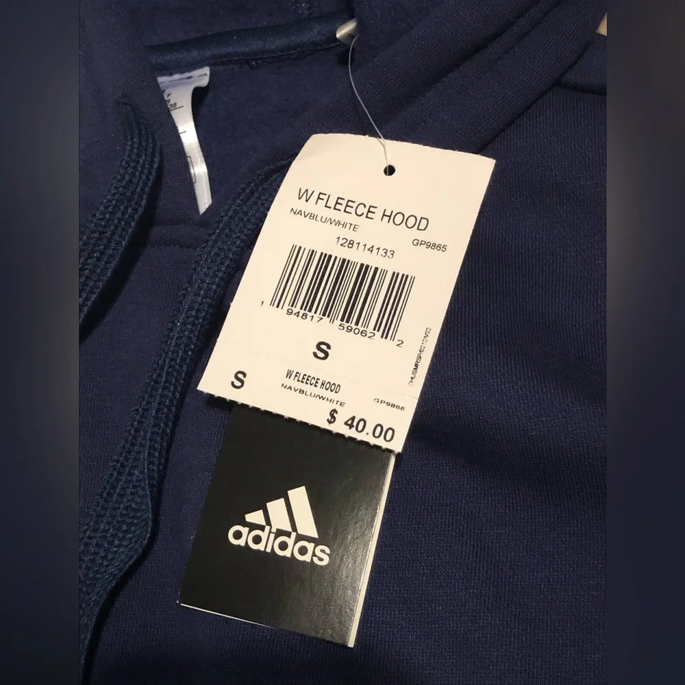 Adidas Fleece Hoodie Navy Blue Brand New - Picture 4 of 5